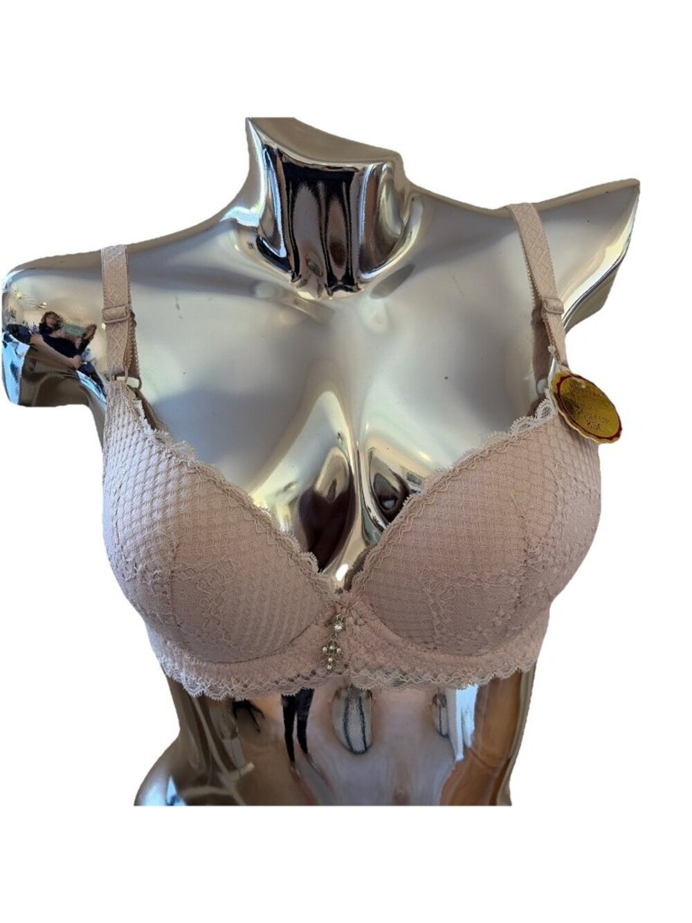 Maxpera Underwire Lace Bra Size 38C Beige Rhinestones Padded Sexy Angel NWT